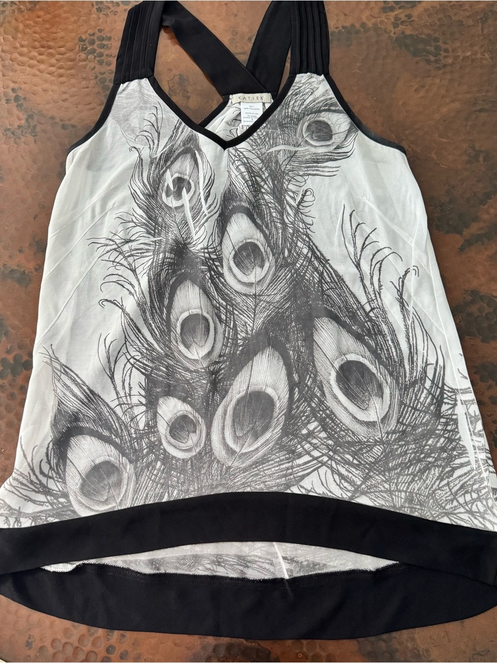 KATIE K Womens Small Boho Peacock Feather V-Neck Racerback Monochrome Tank